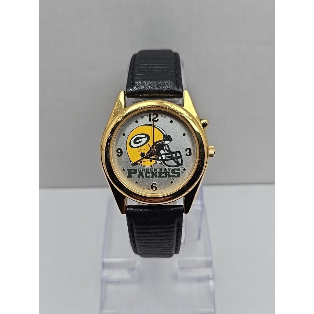 Green Bay Packers Sun Time Quartz Analog Watch Gold Tone Football New Battery